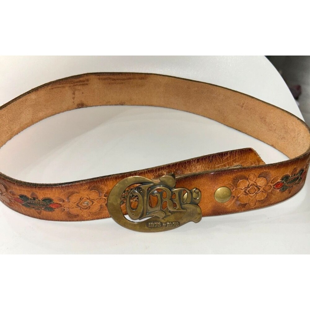 Colorado 1876-1976 Buckle Genuine Leather Belt 1970s Very Rare size 36 Floral